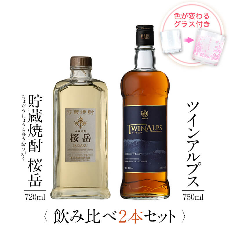 お酒 ギフトセット 色が変わるグラス付き 2本セット ( 麦焼酎 桜岳 720ml & ウイスキー TWIN ALPS 750ml ) / 送料無料 お祝い ギ...