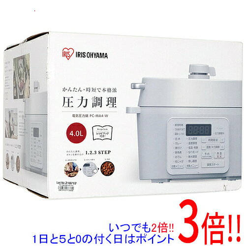 商品名【延長保証対応!!】アイリスオーヤマ 電気圧力鍋 4.0L PC-MA4-W ホワイト商品状態新品型番 PC-MA4-W 仕様[スペック]タイプ：電気圧力鍋[電気圧力鍋]最高圧力：70 kPa消費電力：1000 W対応電圧：100V保温機能：○スロー調理機能：○タイマー予約機能：○内蔵レシピ数：6[サイズ]容量：4 L重量：4.5 kgその他※掲載画像は代表画像です。実際の商品と細部が異なる場合がございますので、商品状態につきましては表記の内容をご確認ください。※返品についてはこちらをご覧ください。■延長保証について詳しくは下記をご覧ください。・延長保証（自然故障プラン）のご案内はコチラ・延長保証（物損付きプラン）のご案内はコチラ　