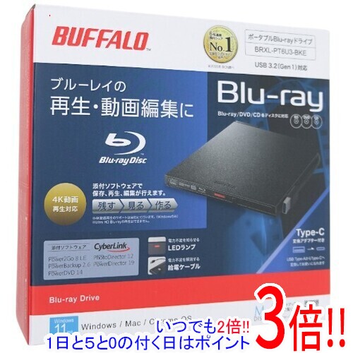 商品名BUFFALO 外付けブルーレイドライブ BRXL-PT6U3-BKE商品状態 新品。 商品名ブルーレイドライブ 型番 BRXL-PT6U3-BKE [ブラック] 仕様 [基本スペック] 設置方式 外付け 接続インターフェース USB3.2 バスパワー対応 ○ Mac対応 ○ M-DISC対応 ○ 付属ソフト CyberLink PowerDVD for BD/CyberLink Power2Go/CyberLink PowerBackup/CyberLink PhotoDirector/CyberLink PowerDirector/CyberLink MediaShow [再生可能メディア] BD-R ○ BD-R DL ○ BD-RE ○ BD-RE DL ○ BD-R XL ○ BD-RE XL ○ BD-ROM ○ DVD-R ○ DVD-RW ○ DVD-R DL ○ DVD+R ○ DVD+RW ○ DVD+R DL ○ DVD-RAM ○ DVD-ROM ○ [記録可能メディア] BD-R ○ BD-R DL ○ BD-RE ○ BD-RE DL ○ BD-R XL ○ BD-RE XL ○ DVD-R ○ DVD-R DL ○ DVD+R ○ DVD+R DL ○ DVD-RW ○ DVD+RW ○ DVD-RAM ○ [書き込み速度] DVD-R書き込み速度 8 倍速 DVD-RW書き換え速度 6 倍速 DVD+R書き込み速度 8 倍速 DVD+RW書き換え速度 8 倍速 DVD-RAM書き換え速度 5 倍速 CD-R書き込み速度 24 倍速 CD-RW書き込み速度 16 倍速 BD-R書き込み速度 6 倍速 BD-RE書き換え速度 2 倍速 [サイズ・重量] 重さ 300 g 幅x高さx奥行 138x14.4x152 mm その他 ※商品の画像はイメージです。その他たくさんの魅力ある商品を出品しております。ぜひ、見て行ってください。※返品についてはこちらをご覧ください。　