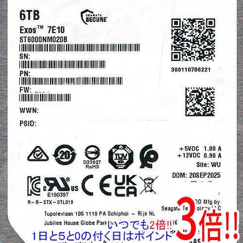 【いつでも2倍！1日と5.0のつく日、18日は3倍！】SEAGATE HDD ST6000NM020B 6TB 7200 SAS3.0