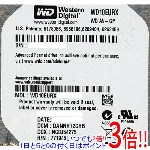 【いつでも2倍！1日と5.0のつく日、18日は3倍！】【中古】Western Digital製HDD WD10EURX 1TB SATA600 500〜1000時間以内