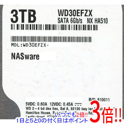 【いつでも2倍！1日と5.0のつく日、18日は3倍！】【中古】Western Digital製HDD WD30EFZX 3TB SATA600 5400 8000〜9000時間以内