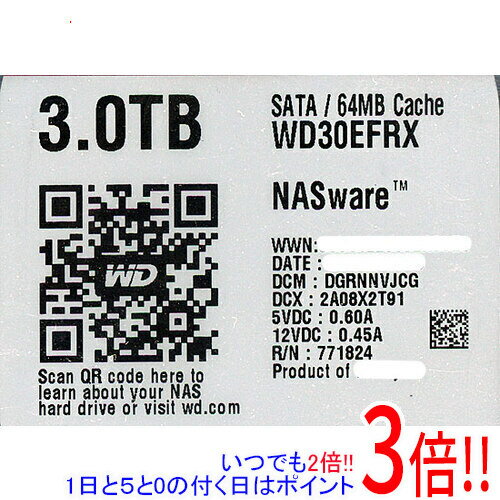 【いつでも2倍！1日と5.0のつく日、18日は3倍！】【中古】Western Digital製HDD WD30EFRX 3TB SATA600 100〜200時間以内