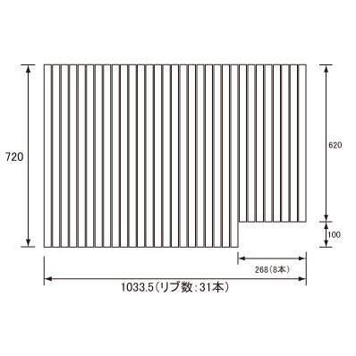 奥行き×幅：720×1033.5mm （リブ数 : 31本） 本体材質・厚み：ABS樹脂・13．5mm・ホワイト 風呂フタフック：なし 対応シリーズ：気泡バス 対応浴室（浴槽）サイズ：1100 浴槽形状: 浴槽材質： ドア勝手：R勝手 発売日〜中止日：2003.11.13〜 GA118ERの代替品