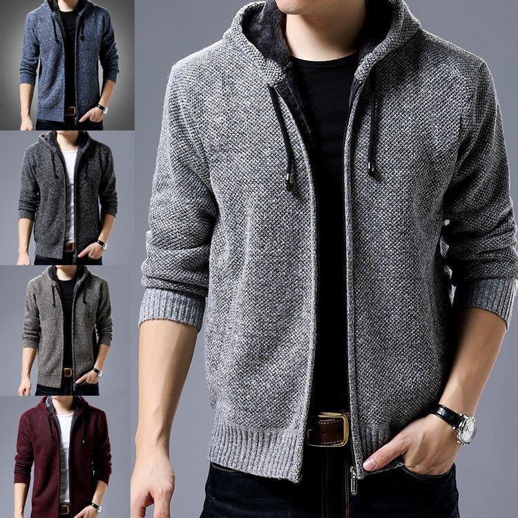 【本日限定！】ニットパーカー 5色 メンズ 秋冬 ス 長袖セーター ジップパーカー 配色ニットカーディガン 厚手 裏起毛 ショート丈ニットアウター スリム