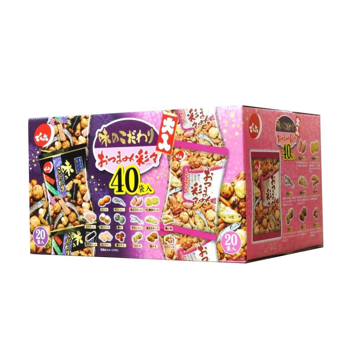 あられや豆菓子などがいろいろ入った2種類の詰め合わせです。 「おつまみ彩々」海の香り、山の恵、おいしさ彩々、鮮やかな詰め合わせ。 「味のこだわり」小魚、えび、いかなど潮の香りがいっぱいつまった8種類のおいしさ。