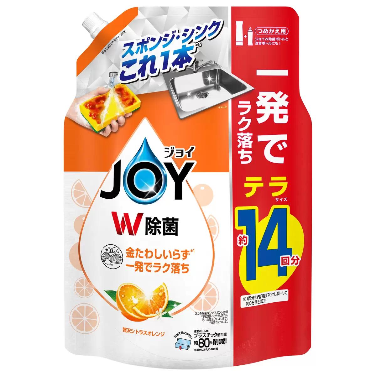 商品の特徴 金たわしいらず *1 一発でラク落ち スポンジ・シンク これ1本 *22つの除菌成分でスポンジ除菌贅沢シトラスオレンジの香りジョイW除菌ボトルと逆さボトルにも！ 閉めて保存できるキャップ付き丸めて捨てやすい約14回分。※1回分を内容量170mLボトルの約8分目と設定 *1 P&G調べ(グリル汚れ)。汚れの度合いによります。*2 油汚れについて。