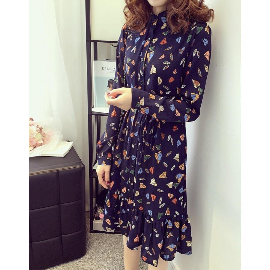 ワンピース チュニック ひざ丈 長袖 シフォンワンピース 秋ワンピース 花柄ワンピース 森ガール 日常 お出かけ 春秋 ミディアム丈 フリル 学生