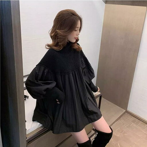 トップス チュニック ミニワンピース レディース 長袖 ハイネック 長袖 ランタンスリーブ 秋 冬 プリーツ ブラック ドッキング 韓国ファッション 送料無料 トップス チュニック ミニワンピース レディース 長袖 ハイネック 長袖 ランタンスリーブ 秋 冬 プリーツ ブラック ドッキング 韓国ファッション 送料無料