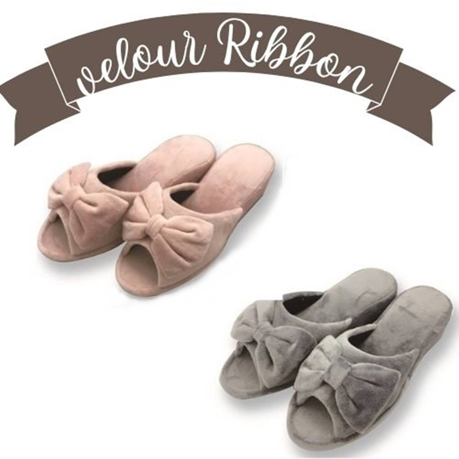 【丸和】パンタフレ リボンベロア （ピンク: 1003960-03）/（グレー: 1003960-03）【スリッパ レディース かわいい ルームシューズ 部屋履き 室内履き オフィス 学校 参観 懇談】【インボイス対応】