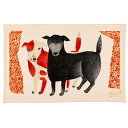 【送料無料】 楠橋紋織 ティータオル morita MiW イヌ(黒犬チョークと赤斑犬のテン) レッド 約45cm×70cm 1-67963-21-R ( 今治 ふきん コットン 森田ミウ アニマル 動物 水切 )