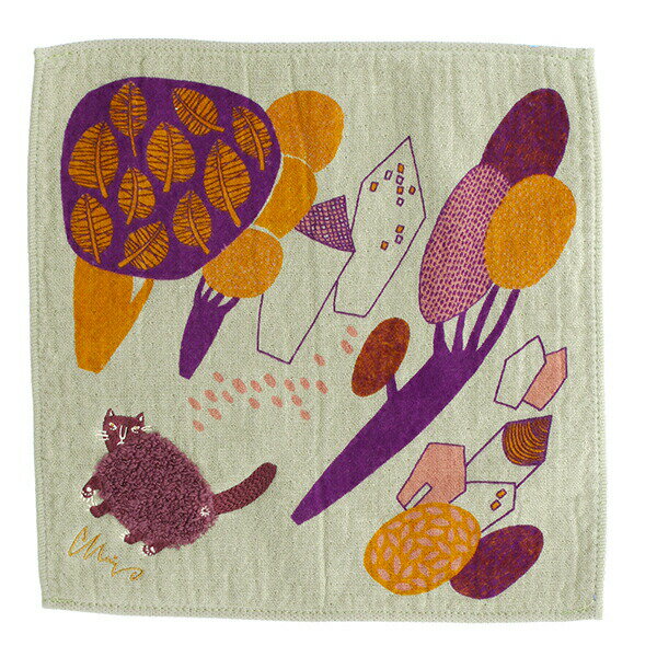 【送料無料】 楠橋紋織 ハンカチ MiW モコモコドウブツハンカチ ネコ グリーン 約25cm×25cm 【メール便】