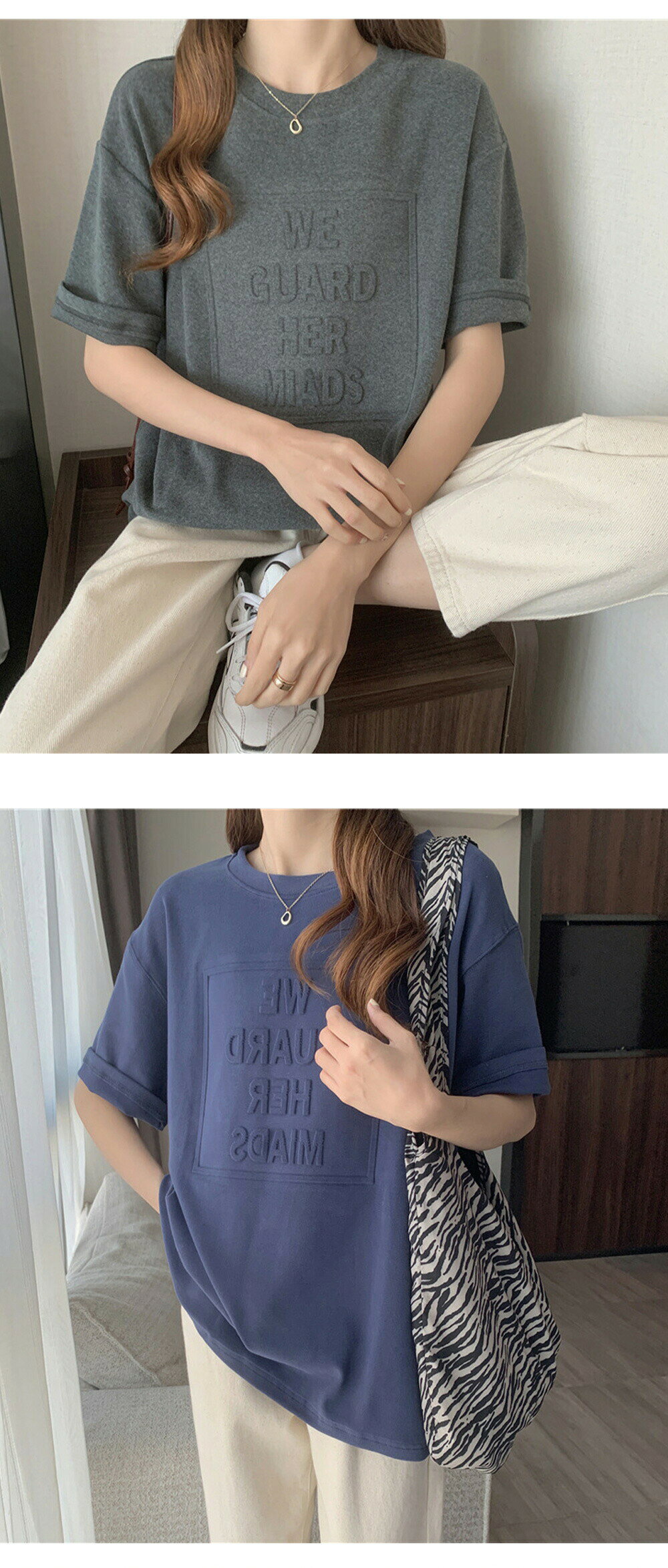 【5と0のつく日★P5倍＆最大1000円クーポン】 炸裂SALE全品対象1点で55％OFF エンボス加工 Tシャツ レディース 半袖 ロゴT 無地 ゆったり オーバーサイズ 綿 コットン トップス カジュアル シンプル 大人 きれいめ 夏 L M 春夏 homelygoods-10014781 HomelyGoods サンプル画像2
