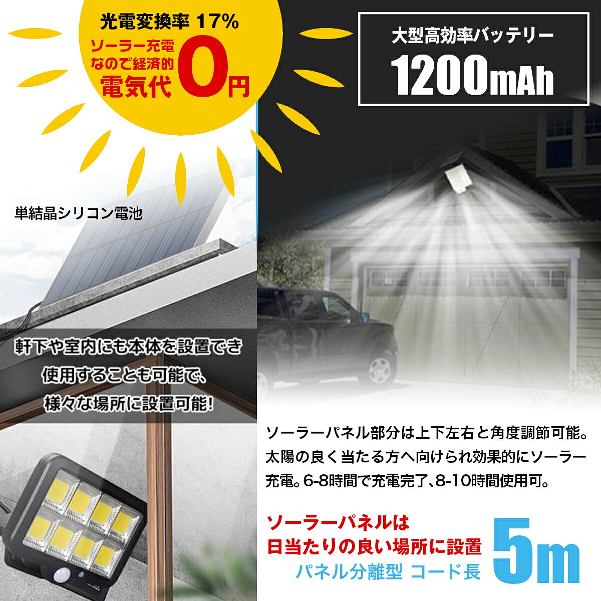 ソーラーライト 分離式 160 COB LED 2台セット センサーライト リモコン付き セン...