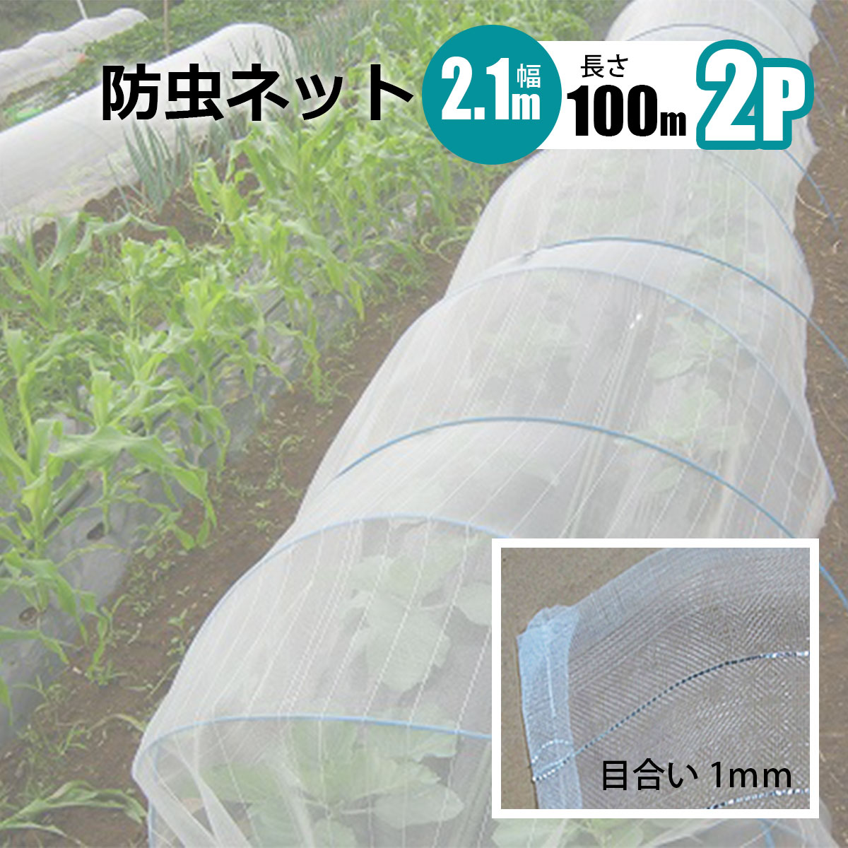 ■商品説明 ★害虫侵入防止のために！お得な2本セット★ 防虫ネット 1mm目 幅2.1m×長さ100m（2本） 【ポイント】 細かい目合いと反射テープで虫をシャットアウト。 透光性・雨通し・強風暖和に優れた防虫ネット！ 有機栽培、無農薬、減農薬栽培での安心安全な野菜栽培に有効です。 【商品名】 防虫ネット 1mm目 幅2.1m長さ100m 2本セット 【商品番号】 s-bchu1-21-100m-2p 【商品仕様】 サイズ：幅2.1m 目合：1mm 長さ：100m 数量：2本セット 【注意事項】 ※入荷時期により予告無くデザイン・色・サイズなど、細かな仕様が変更される場合がございます。 ※色合いの感じ方には個人差があり、撮影状況・PC環境により色合いが異なる場合がございます。 ※細かい点が気になる方、神経質な方はご注文お控えください。 ■送料 法人宛：基本送料 無料 個人宛：基本送料 4,000円 別途追加送料　北海道：＋4,000円、沖縄本島：＋15,000円、離島：＋25,000円 同梱不可 【メーカー直送配送のご注意】 ●メーカー指定の配送業者により商品をお届けします。 ●法人宛送料無料配送の適用には、メーカー直送品配送の規定により、店舗・事務所があり法人であることが確認できる看板・表札が必要です。 法人名・屋号等を頂きましても、配達場所が一般住宅・マンションの一室を事務所としてお使いの場合は個人宅扱いとなります。 ●道路幅員が狭い等、配送トラックが配送先までの通行がドライバーにより困難と判断された場合は、配送業者の営業所止め、またはチャーター便(要別途送料)配送とさせて頂く場合がございますこと、予めご了承下さい。 ※ご不明な点は必ず事前にお問合せ下さい。