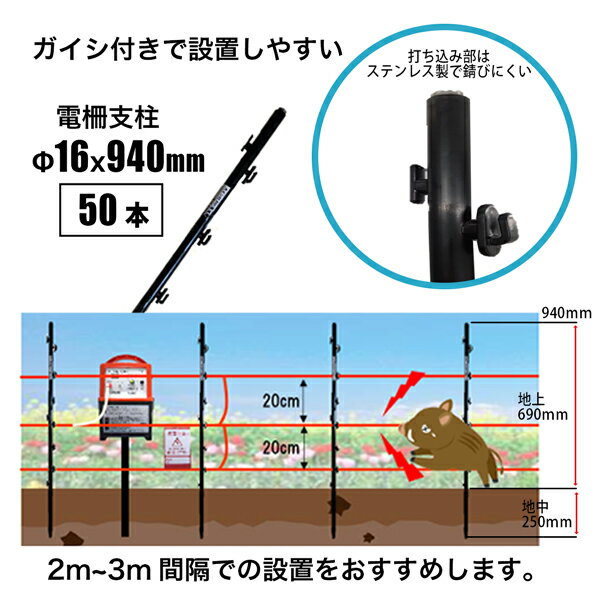 電柵支柱 ガイシ付きFRP電柵支柱 16×940mm 50本 アニマルフェンス 害獣対策 イノシ...