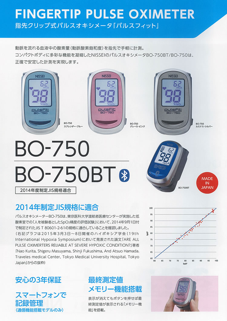 （3年保証 国内生産 医療機器認証番号取得済）パルスオキシメーター 日本精密測器 NISSEI BO-750BT Bluetooth対応 血中酸素 飽和濃度 測定器 スマホで管理できる 2