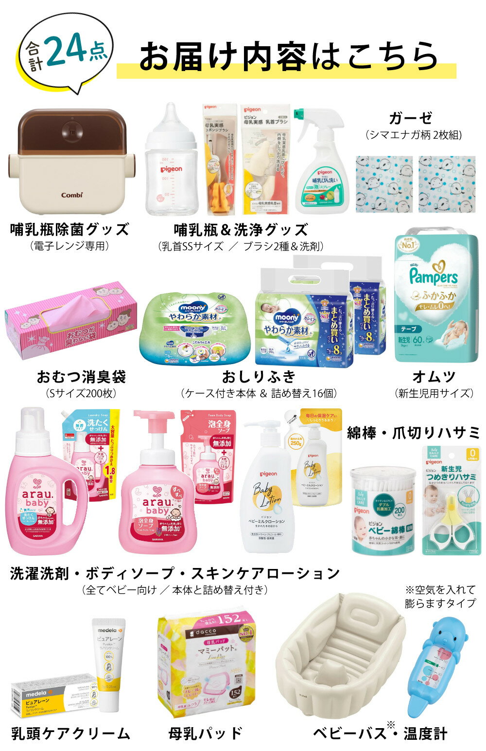 出産準備 はじめて ベビーBOX 出産祝い 新生児 ベビーグッズ 24点セット 妊娠中 ママも安心 授乳・お風呂・おむつケア 必要なもの全部入り（ラッピング不可） 3