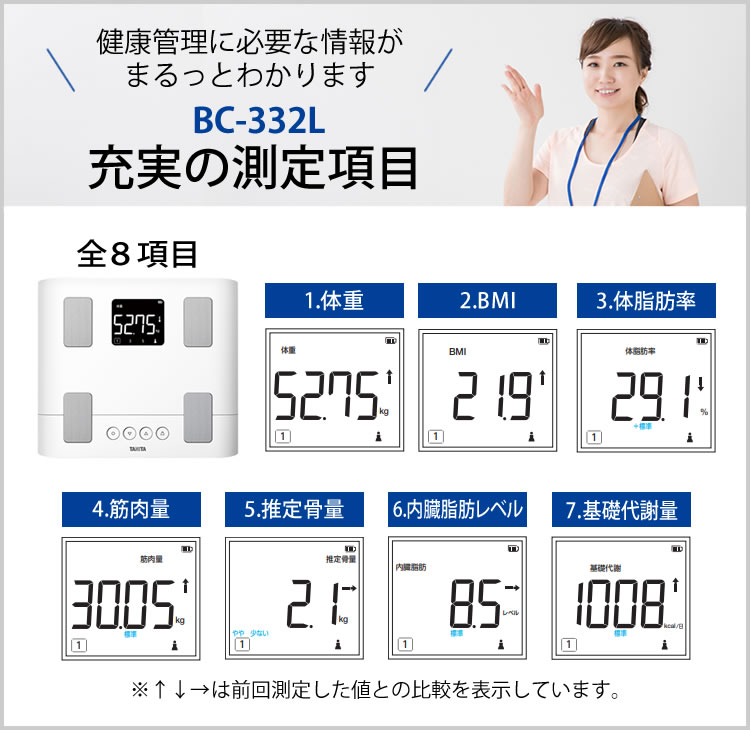 毎日の測定をサポート家族で健康管理!タニタTANITA体重体組成計スマホ50gバックライトBC-332L体重計スマホでデータ管理立てかけ収納OK家族筋肉量(BC332)