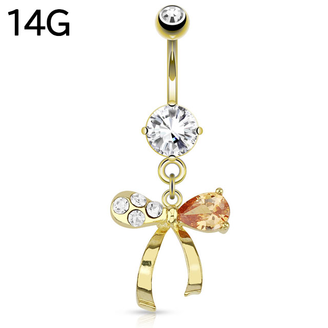 へそピアス 14G ゴールド リボン タイ バナナバーベル ボディピアス ヘソピアス へそピ ヘソピ ボディーピアス ボディピ サージカルステンレス アレルギー 02P07Feb16 ポイント消化 消費
