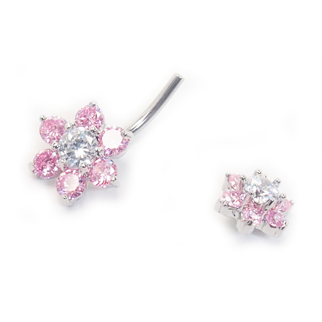 ヘソピアス 14G 7ジュエル CZフラワー バナナバーベル ボディピアス ヘソピアス へそピ ヘソピ ボディーピアス ボディピ サージカルステンレス アレルギー