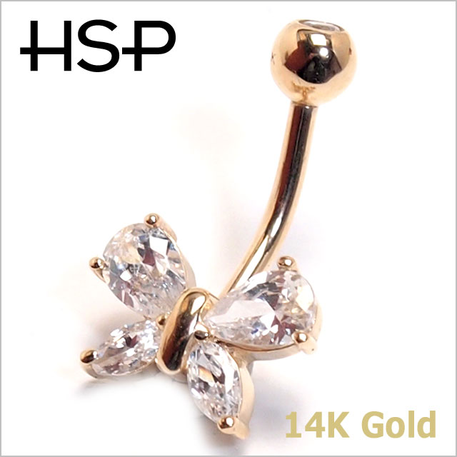 ヘソピアス 14G 14K バタフライCZ バナナバーベル ボディピアス へそピアス 耳ピアス 14金 ヘソピアス レディース メンズ ボディピアス【送料無料】