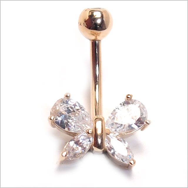 ヘソピアス 14G 14K バタフライCZ バナナバーベル ボディピアス へそピアス 耳ピアス 14金 ヘソピアス レディース メンズ ボディピアス【送料無料】