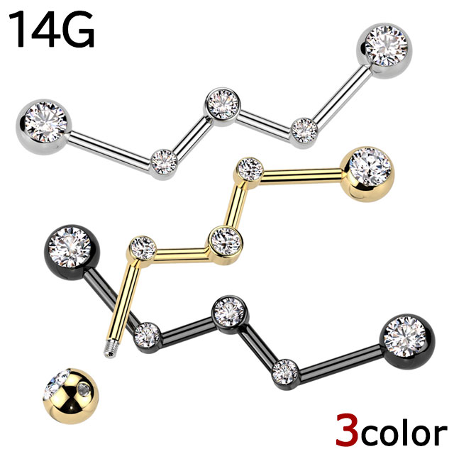 ボディピアス 14G インダストリアル ジグザグ フェイスフォワード ジュエル ロング ストレートバーベル..