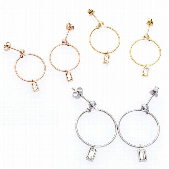 Rakuten - ピアス サージカルステンレス レクタングルジュエル フープ ピアス 1ペア レディース 金属アレルギー対応 両耳用
