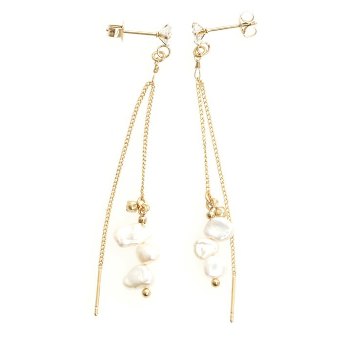 ピアス サージカルステンレス ダブルチェーン ゴールド 淡水パール ピアス 1ペア ロング レディース 金属アレルギー対応 両耳用