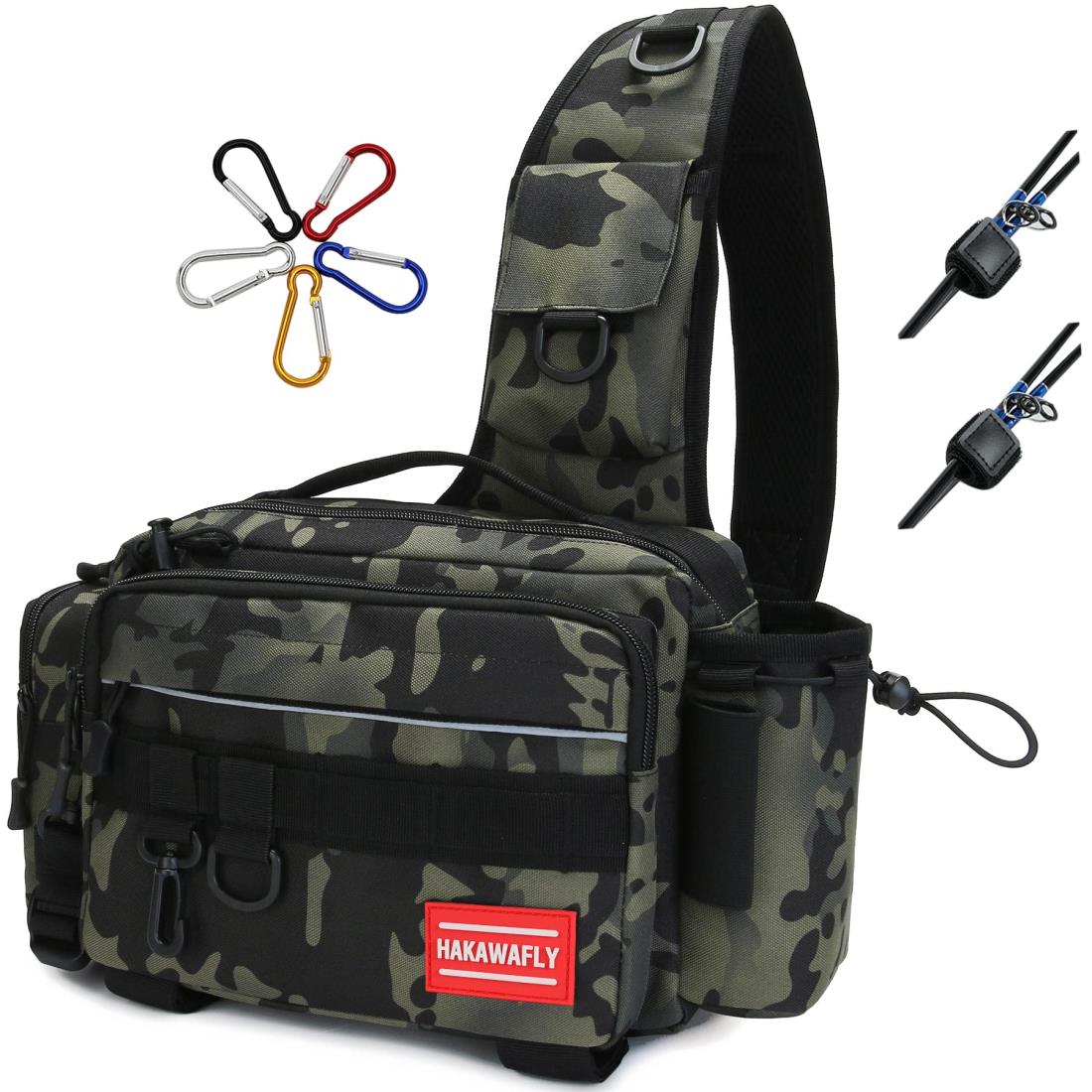 HAKAWAFLY フィッシングバッグ5WAY ロッドベルト2点とカラビナ5点付き 釣りバッグ 防水 タックルバッグ 多機能 大容量 ランガンバッグ (ネイビー...