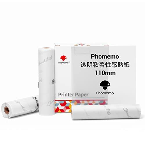 Phomemo 透明粘着感熱紙 110mm幅 黒文字 3巻入り 各巻の長さは3.5m 保存20年、Phomemo M04ASポータブルミニプリンタと互換性があり、ノート/リスト/写真/シール/文書に使用される