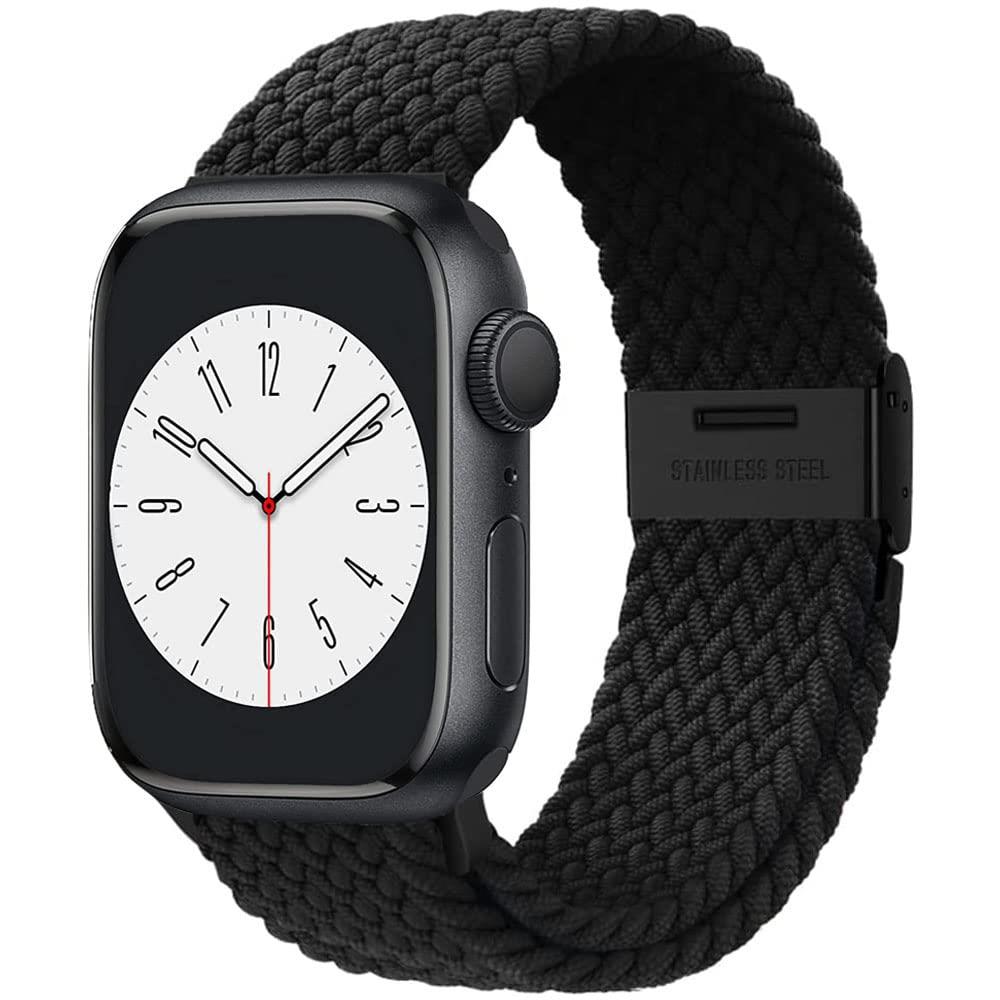 アップルウォッチ バンド Apple Watch 編み込み 伸縮 調整可能 ソロループ Series 8 7 6 SE 5 4 3 2 1 Ultra 49mm 45mm 44mm 42mm 41mm 40mm 38mm 全機種対応 スポーツバンド ナイロン ベルト (ブラック, 49mm/45mm/44mm/42mm)