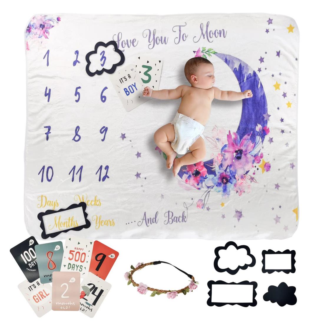 OMOTYA 寝相アート 月齢フォト ベビー撮影毛布 月齢フォトグッズ ベビー毛布 ブランケット ベビー 撮影記念 月齢フォトシーツ 寝相アート 女の子 男の子 百日記念 新生児プレゼント 誕生日 お祝い 出産祝い 子どもの成長の記録 (フランネル-花の月-右, 100*120cm)
