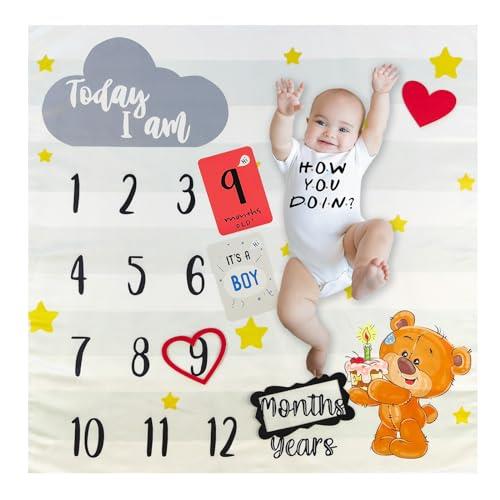 OMOTYA 寝相アート 月齢フォト ベビー撮影毛布 月齢フォトグッズ ベビー毛布 ブランケット ベビー 撮影記念 月齢フォトシーツ 寝相アート 女の子 男の子 百日記念 新生児プレゼント 誕生日 お祝い 出産祝い 子どもの成長の記録 100*100CM（星の小熊）(4)