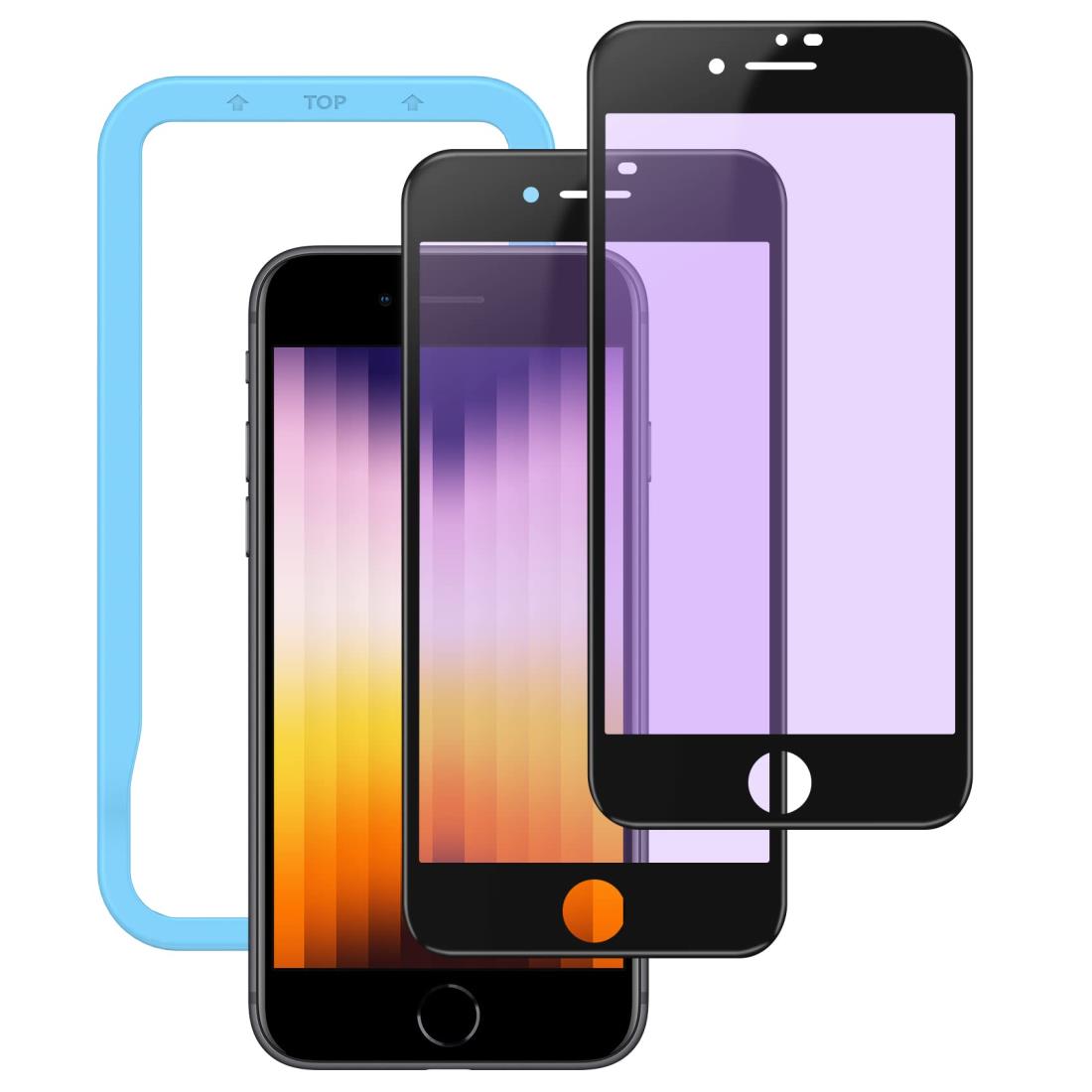 NIMASO ガラスフィルム i Phone SE 第3世代 i Phone SE2 8 7 用 ブルーライトカット 全面保護 フィルム【ガイド枠付き】【2枚セット】【ブラック】 NSP20A49