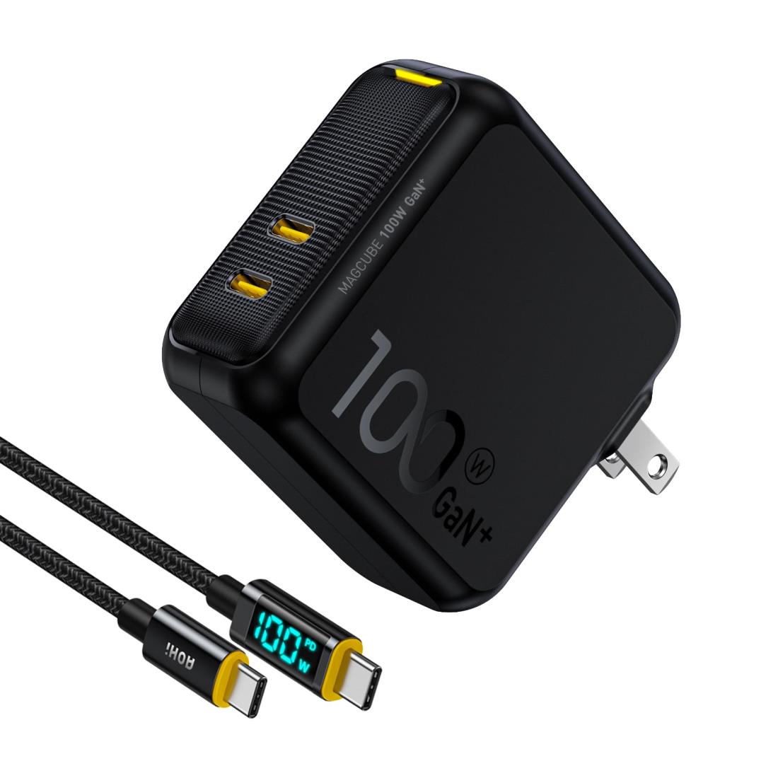 100W 充電器 AOHI PD 充電器 100W 2ポート充電器 type-c 【 PSE技術基準適合/折りたたみ式/最軽量/GaN+ 】 タイプc 充電器、MacBook Pro/Air、iPad 、iphone 14 / 15 、Dell XPS 、 Galaxy S21Ultra / S20、Pixel、PPS、ノートパソコンなど対応 LED USB Cケーブル 付き