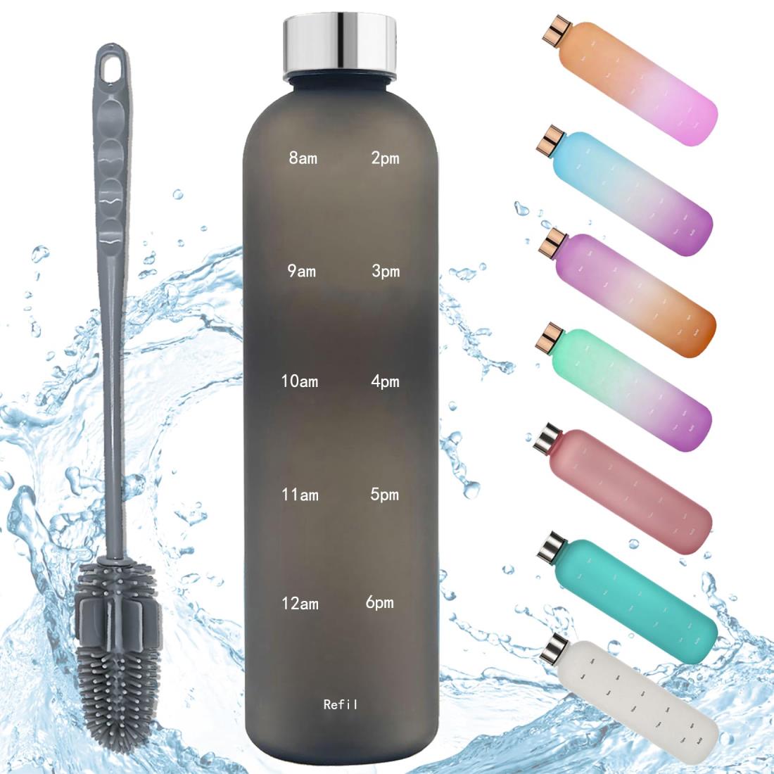 タイムマーカー付きウォーターボトル 1リットル 耐冷耐熱 軽量 ウォーターボトル メモリ付き 水筒 1000ml ステンレス製の蓋 BPAフリー 時間と量付き アウトドア 自転車 スポーツ ボトル モチベーションボトル 大容量 1L おしゃれ アウトドア 定期的で健康的な水分摂取 ジム、のサムネイル