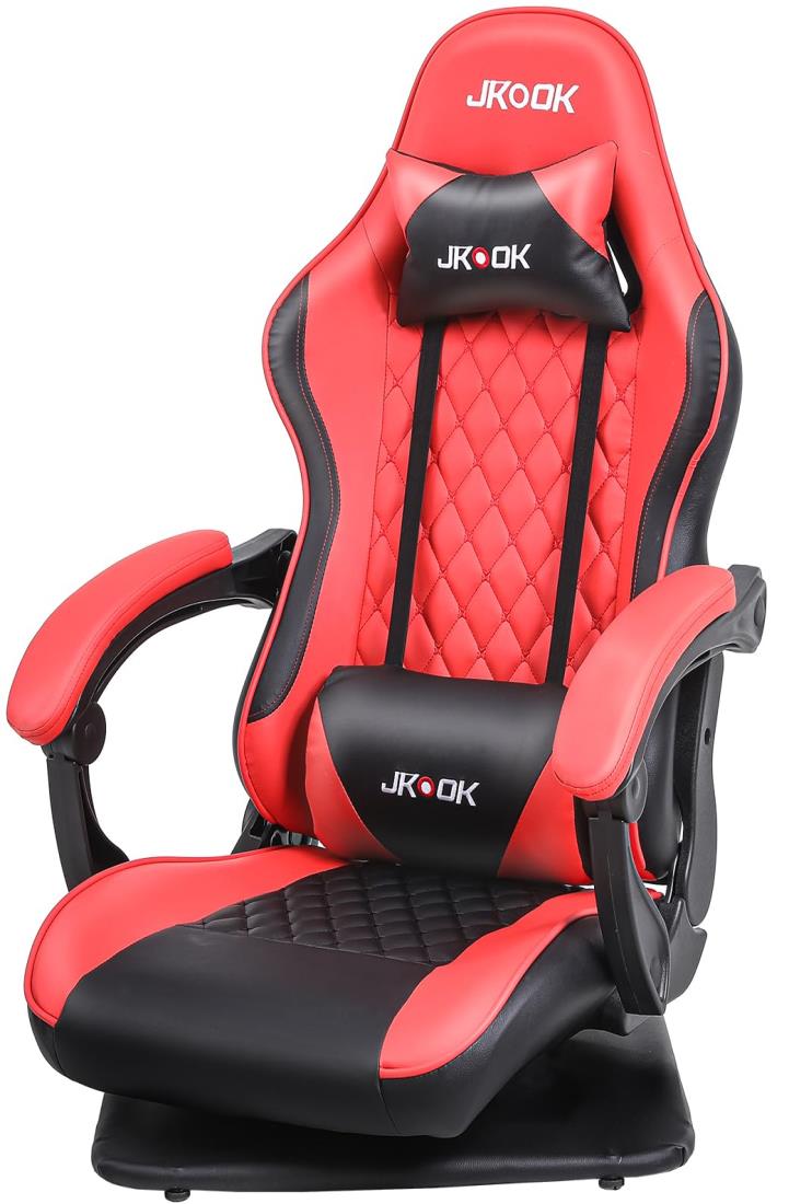 JKOOK ゲーミングチェア 座椅子 ゲーミング座椅子 通気性 振動機能 ゲーム用チェア リクライニング 回転座面 ハイバック ヘッドレスト ランバーサポート ひじ掛け付き PUレザー パソコンチェア 座椅子 JK07 (赤)のサムネイル