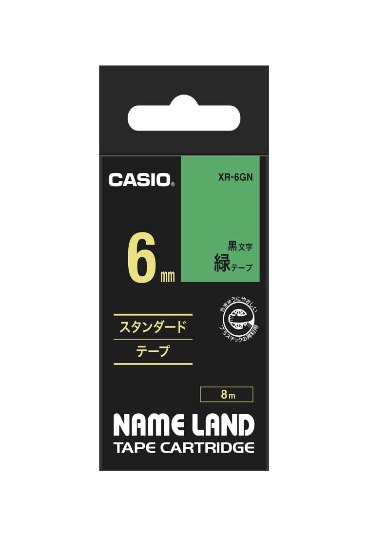 純正 カシオ ラベルライ ター ネームランド テープ 6mm XR-6GN 緑地に黒文字