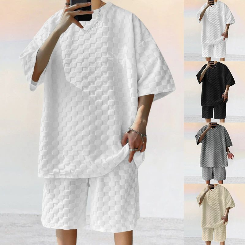 Men'S Clothing - メンズ 夏 セットアップ Tシャツ ショーツ セット ジャガード チェック ゆったり 大サイズ 270g カジュアル ストリート 吸汗 速乾 通気性 涼しい リラックス オーバーサイズ ストレート 普段着 アウトドア コーデ レイヤード ブラック グレー