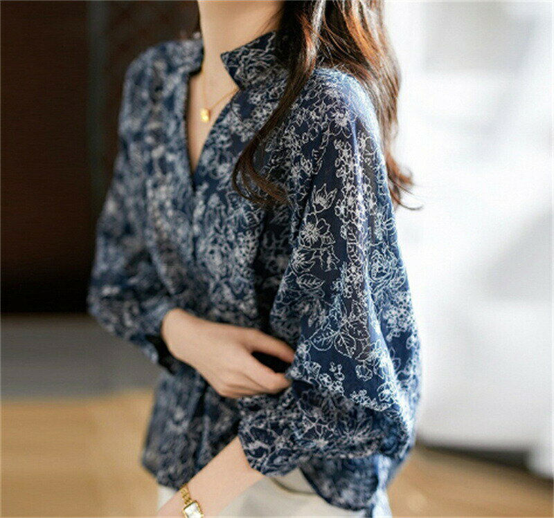 乐天商城 - ブラウス レディース きれいめ 40代 春夏秋新作 オシャレブラウス シフォン シャツ vネック 花柄 七分袖 プリント 長袖トップス 大人 通勤OL ゆったり シャツ着痩せ 30代 50代 韓国風