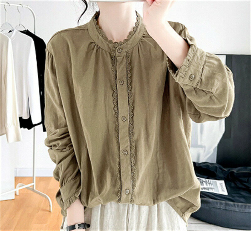 乐天商城 - 【送料無料】ブラウス レディース 春夏 オシャレ 長袖ブラウス レースブラウス オフィス 40代 30代 50代 20代 立ち襟 韓国風 ブラウス 大人 OL 通勤 ブラウス シャツ 着痩せ ブラウス ゆったり カジュアル ウエア トップス 3色