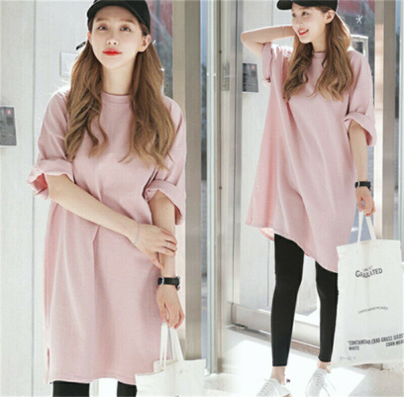 Plain - Tシャツ レディース ロング丈 Tシャツ 半袖 春夏 無地 トップス ワンピース オシャレ きれいめ カジュアルウエア 大きいサイズ 韓国風 着痩せ 大人 欧米風 6色