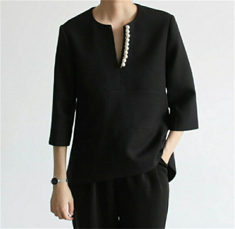 七分袖ブラウス パール付きトップス レディース フォーマル おしゃれ エレガント トップス通勤 ビジネス 春 秋 レディース 体型カバー テーパードパンツ 結婚式 スーツ 同窓会 ママ 参観日 セレモニースーツ