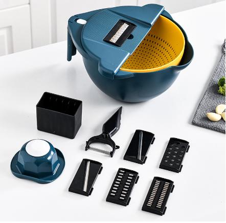 千切り スライサー セット 1台9役多機能 料理 野菜 調理器 野菜カッター みじん切り キッチンスライサー 安全ホルダー付きキッチン用品 細切り 千切り おろし 薄切り ザル ボウル 水切り皿 果物 調理器セット キッチンスライサー