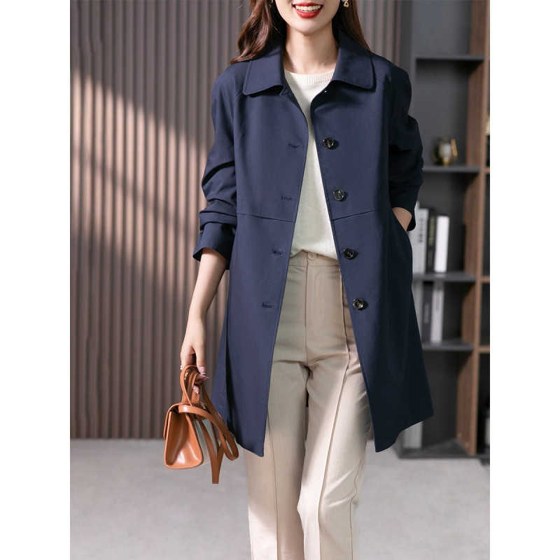 Turn-Down Collar Coat - スプリングコートコート レディー 春コート ミドル丈 トレンチコート ステンカラーコート 春 ロングコート 羽織り 薄手 アウター ジャケット 大きいサイズ ネイビー 40代 50代