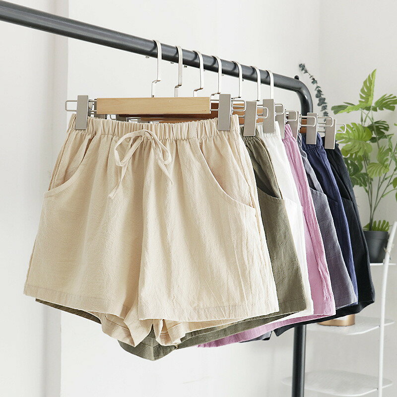 Linen, Hemp - リネンパンツ 短パン 夏物 綿 ボトムス 送料無料 ショートパンツ ウエストゴム＆紐 ワイドパンツ 3分丈 カジュアルパンツ 麻 ポケット付き ショート丈 無地 薄手 爽やか 美脚 お洒落 楽チン ルームウェア 部屋着 レディース