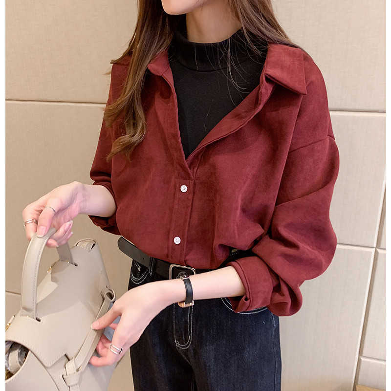 Long-Sleeved - 送料無料 レイヤード風 重ね着風 オーバーサイズ シャツブラウス シャツ レディース 無地 レギュラーカラー カジュアルシャツ レイヤード コーデュロイ 柔らかい 体型カバー 大きいサイズ ゆったり 長袖シャツ