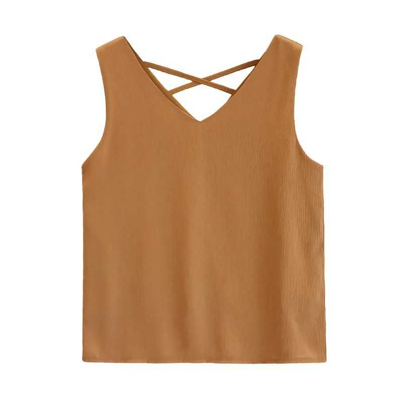 Sleeveless - M&minus;4XLサイズ！バッククロス ノースリーブ Vネックシャツ レディース 春 夏 ホワイト ブラック ブラウン 背中 肌見せ 春 トップス Vネック Tシャツ タンクトップ レディース トップス 大人カジュアル リゾート シンプル 無地 送料無料